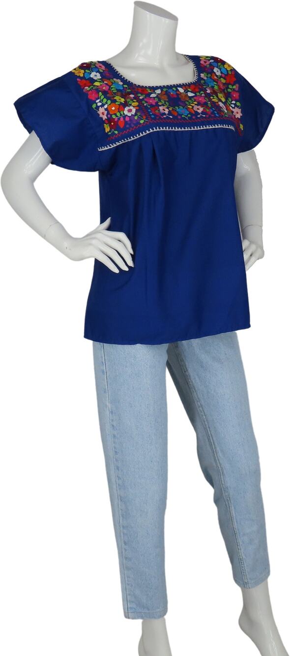 Vintage Peasant Floral Flower Embroidered Mexican Blue Top